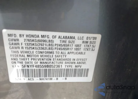 2009 Honda Pilot Ex-L из США, поврежденный, VIN 5FNYF48559B052361